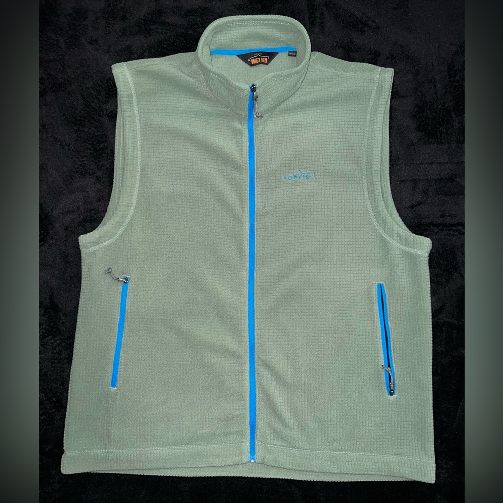 Orvis Trout Bum Men’s Micro Fleece Vest,  Green & Teal, Pockets, Full Zip, Sz L